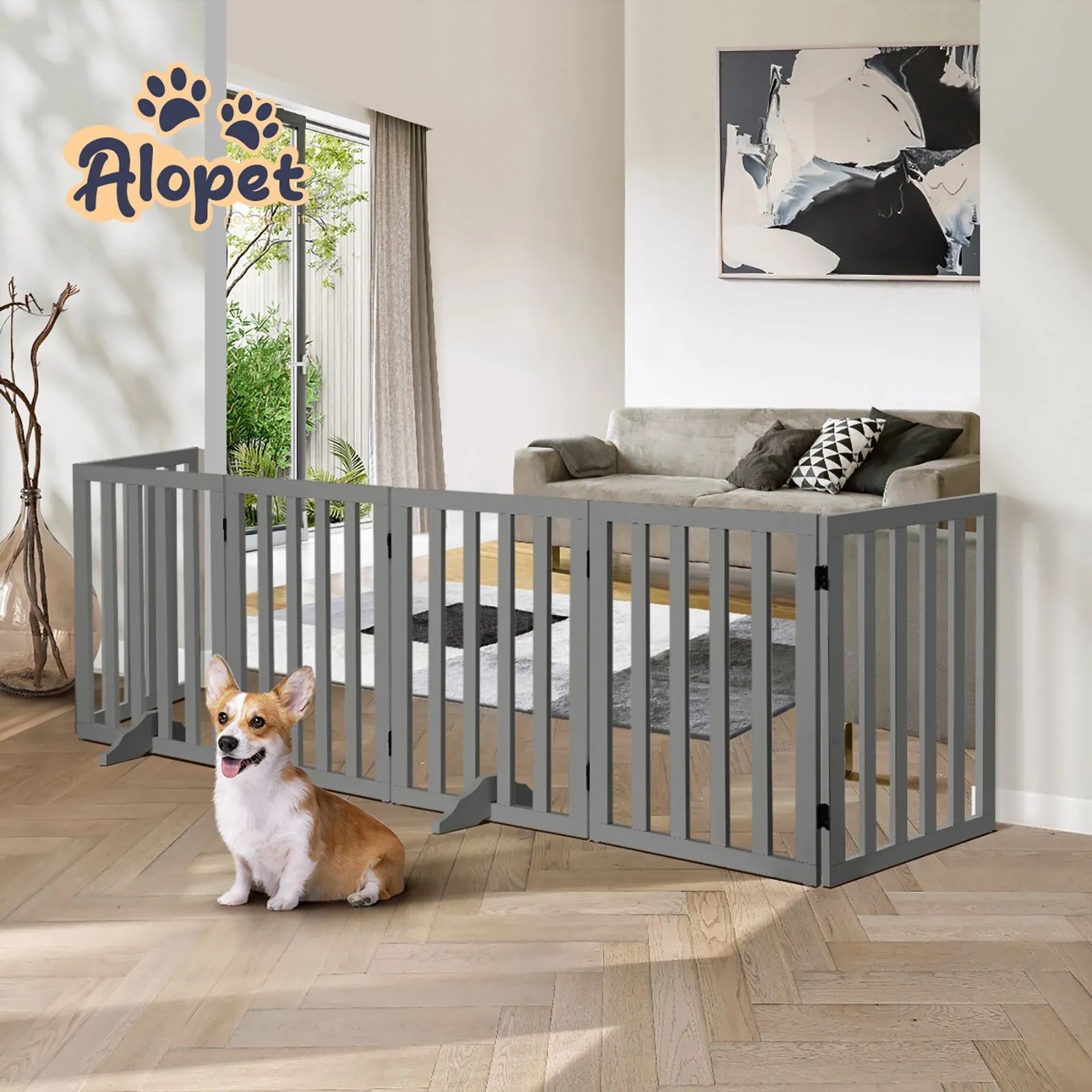 Alopet Wooden Pet Gate Dog Fence Safety Stair Barrier Security Door 6-Panel Grey