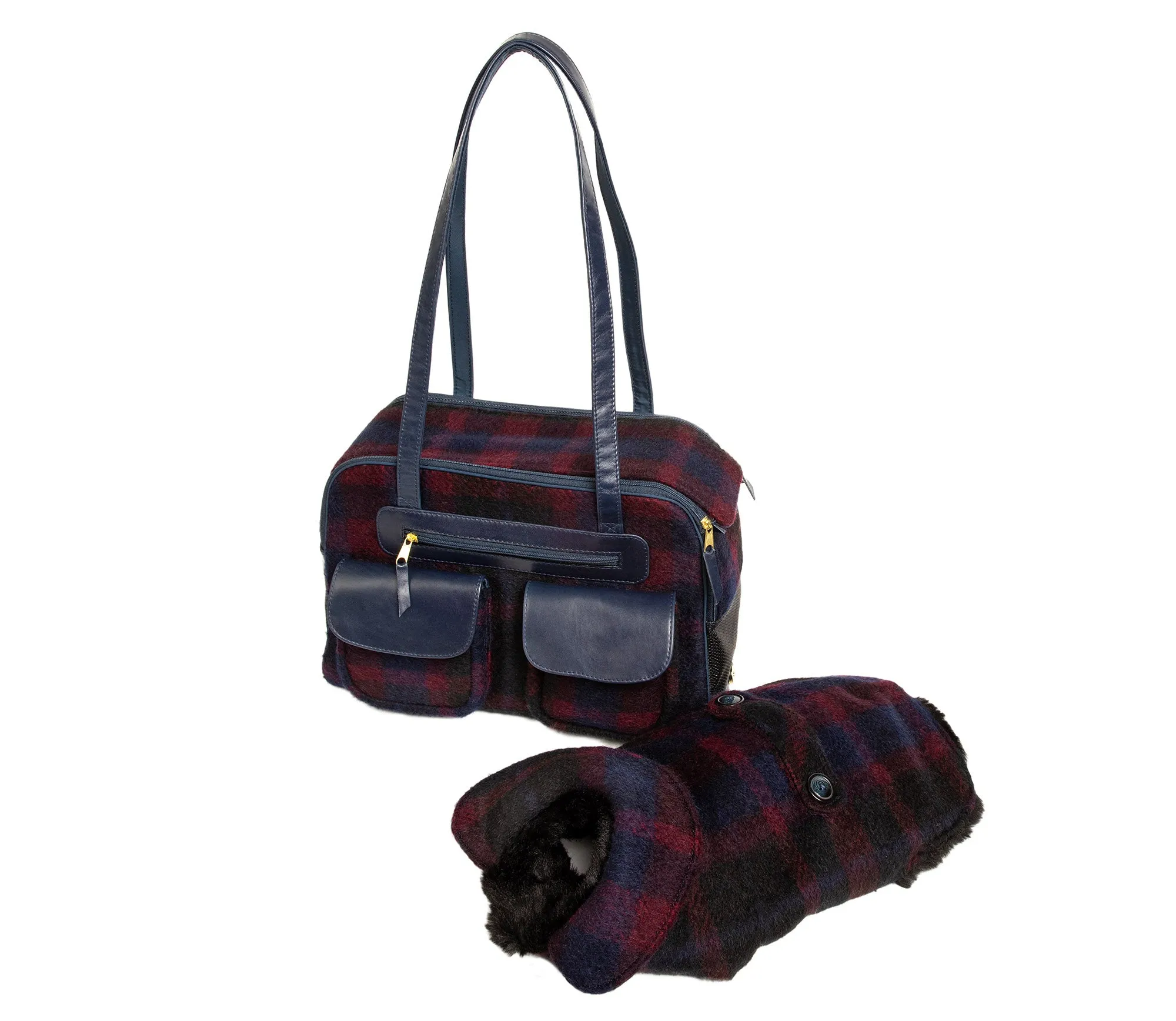 Dog Carrier - Winter - Navy & Burgundy Wool Carrier