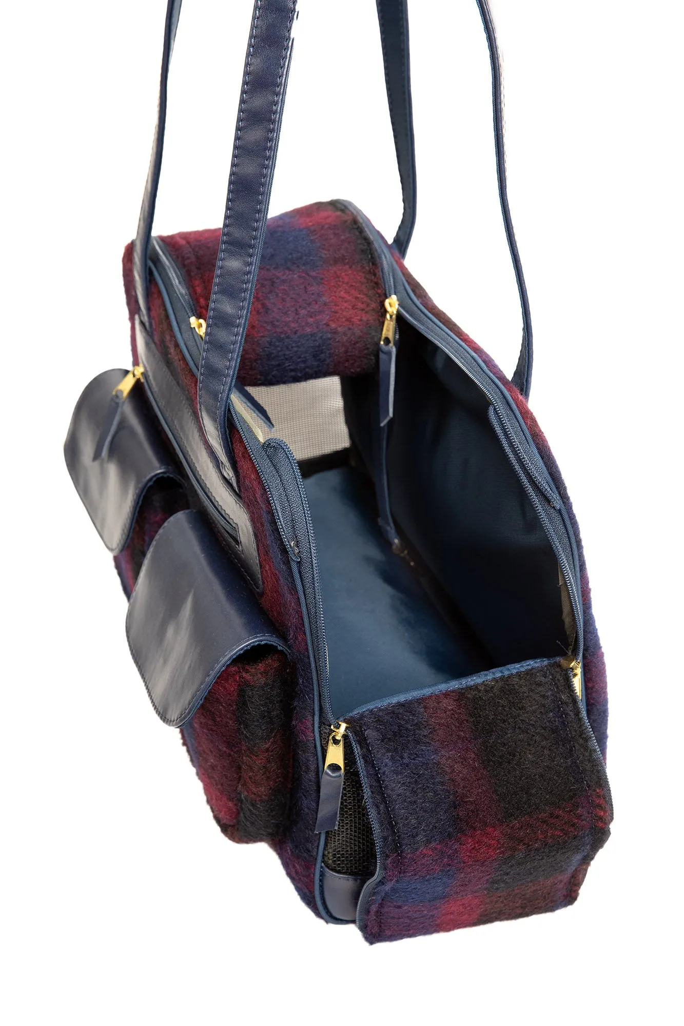 Dog Carrier - Winter - Navy & Burgundy Wool Carrier