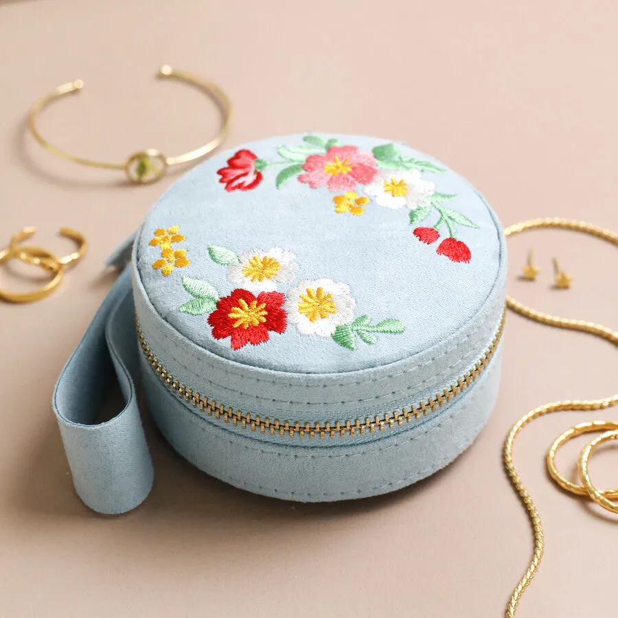 Embroidered Flowers Round Travel Jewelry Case