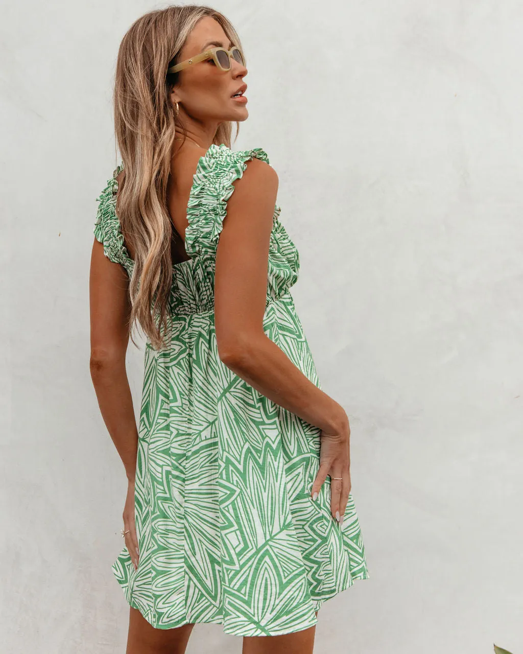 Green Leaf Print Pleated Mini Dress - FINAL SALE