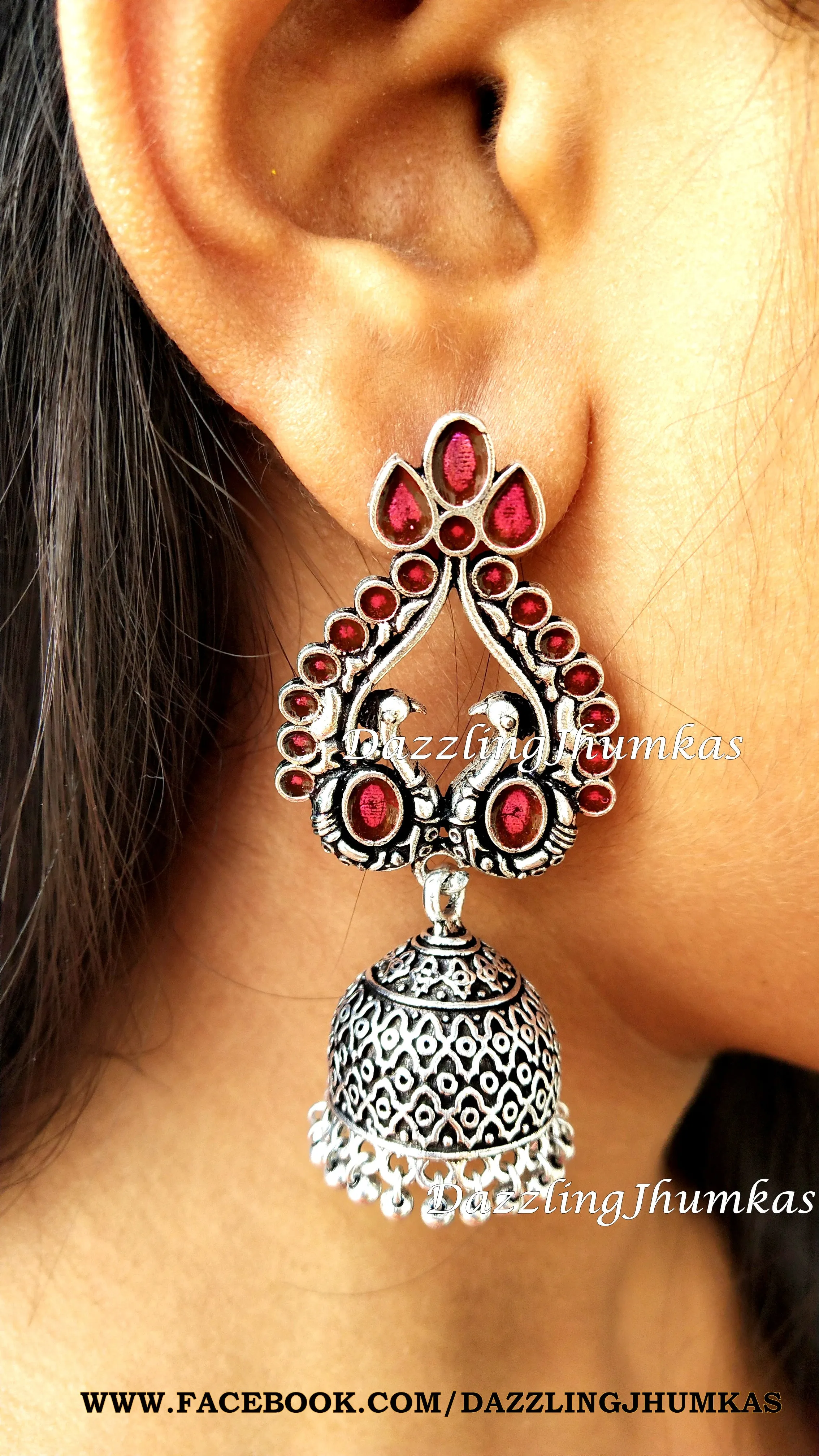 Sale ! German Silver /Designer Oxidised Peacock Enamel Jhumkas