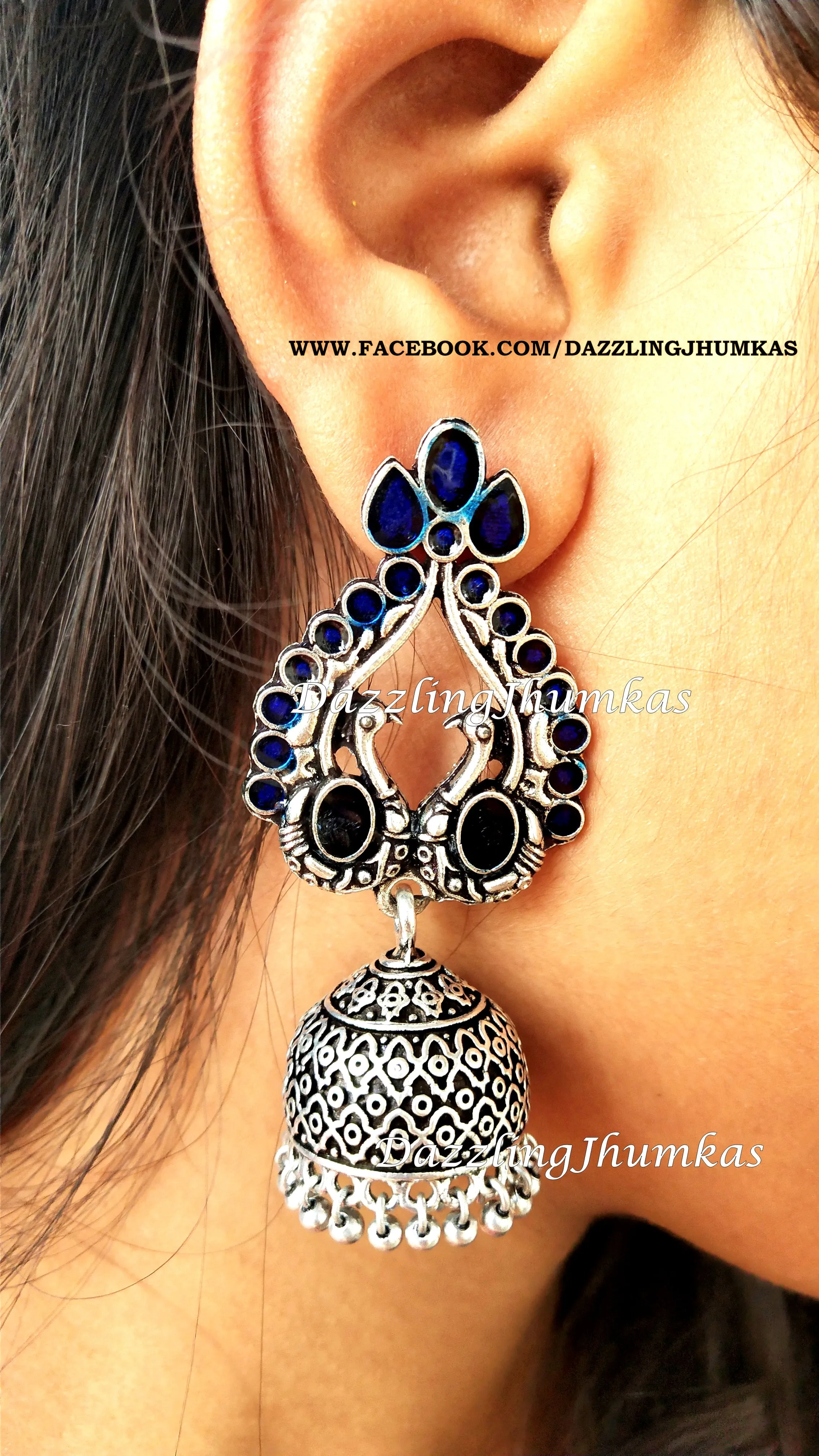 Sale ! German Silver /Designer Oxidised Peacock Enamel Jhumkas