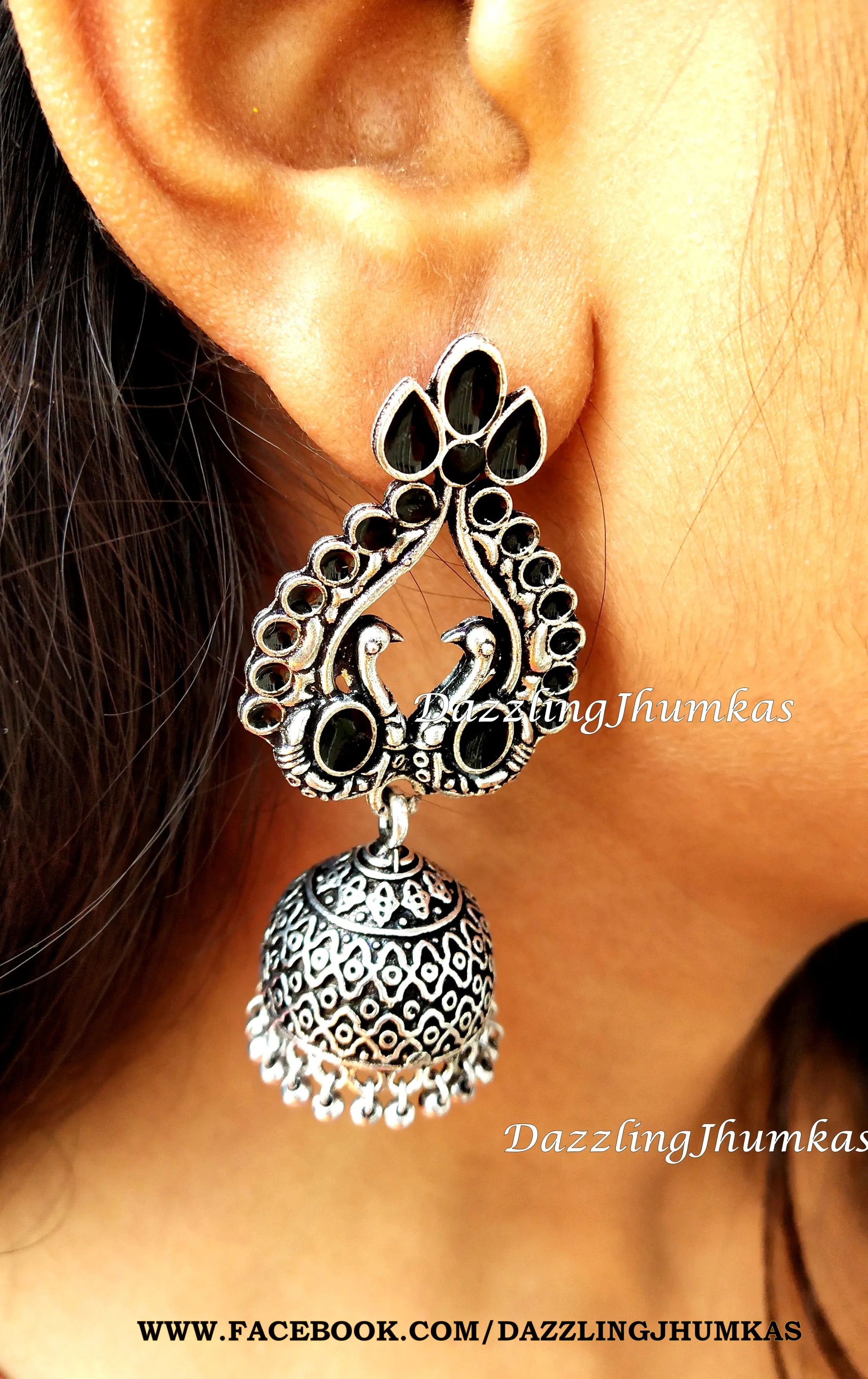 Sale ! German Silver /Designer Oxidised Peacock Enamel Jhumkas