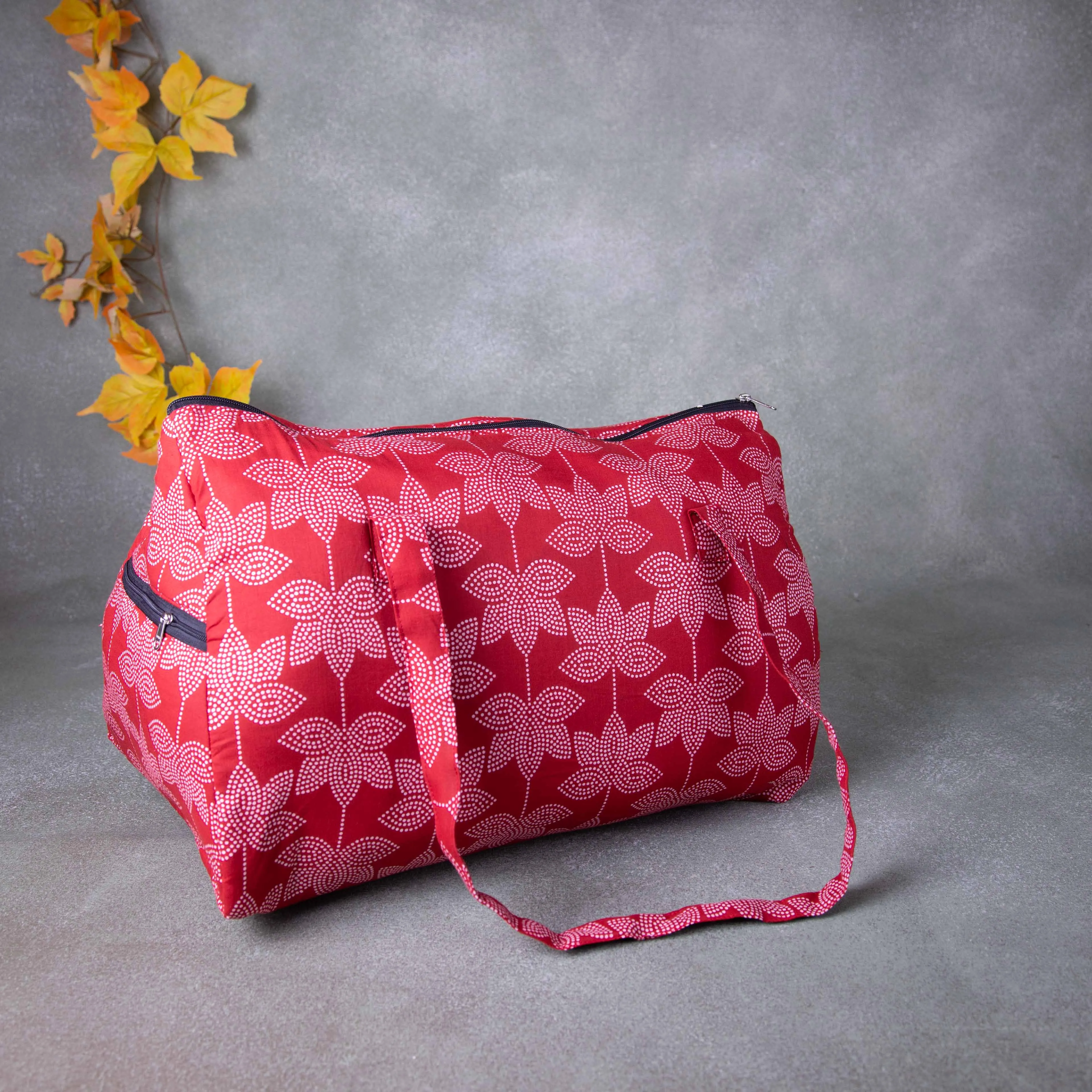 Weekender Travel Bag Beautiful Red Colour with White Flower Design.