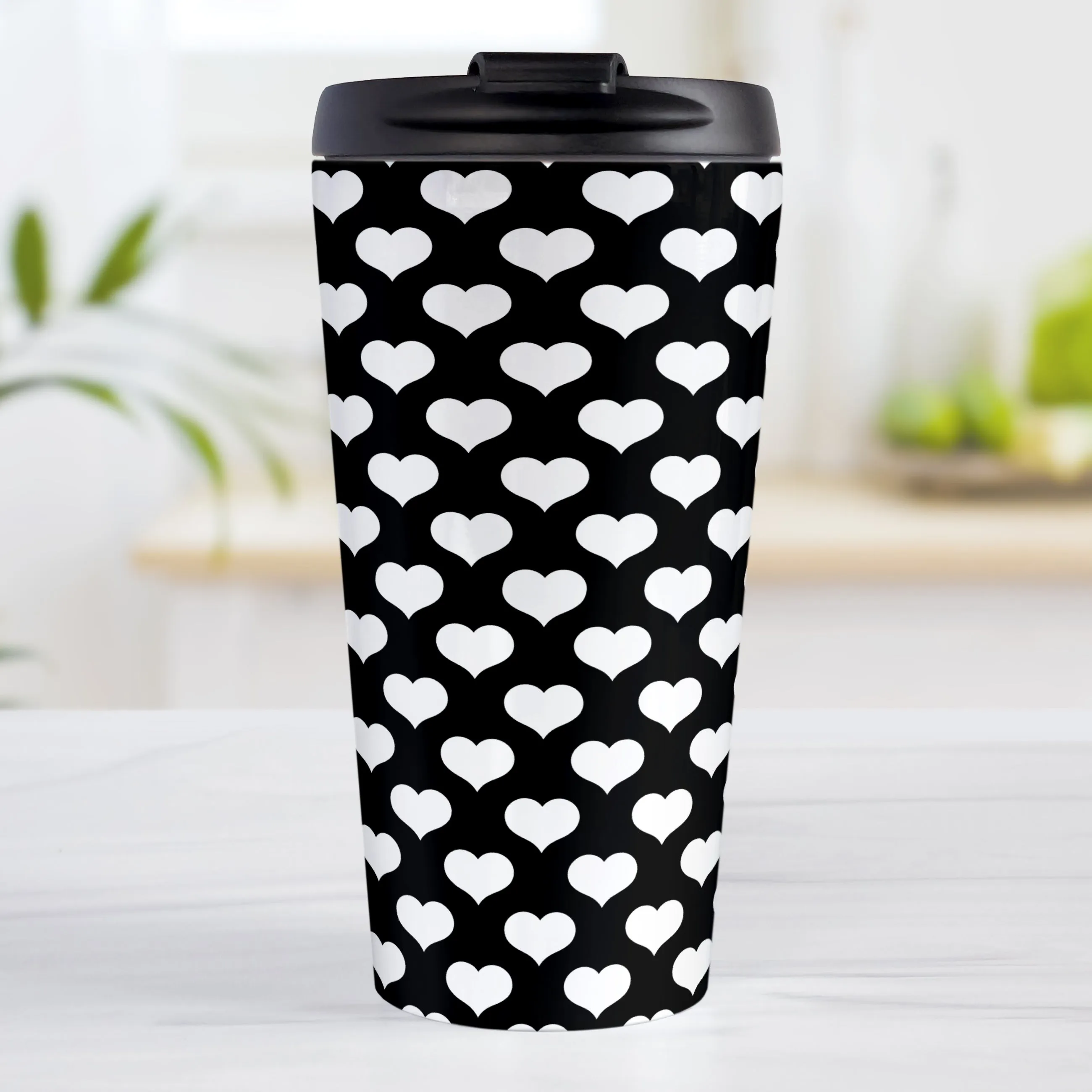 White Hearts Pattern Black Travel Mug