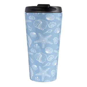 White Seashell Pattern Blue Beach Travel Mug